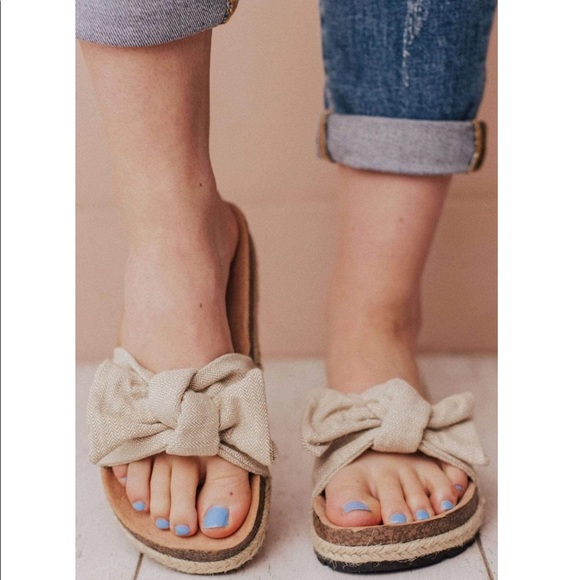 Beige Slip On Linen Fabric Bow Sandals - Picture 3 of 14